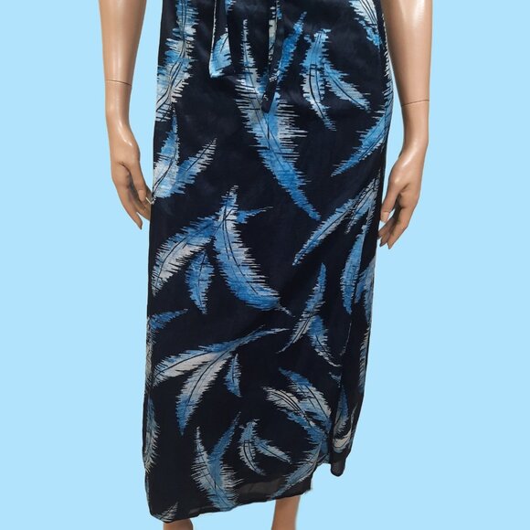 Vintage 70s Nylon Maxi Peignoir Set Sz S Nightgown Wrap Robe Blue Feather Print - Picture 7 of 10